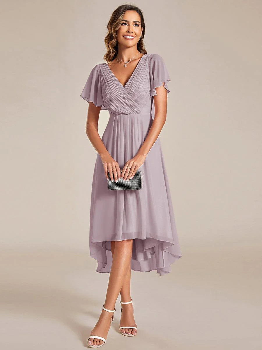 Chic V Neck High-Low Short Sleeve Wedding Guest Dress