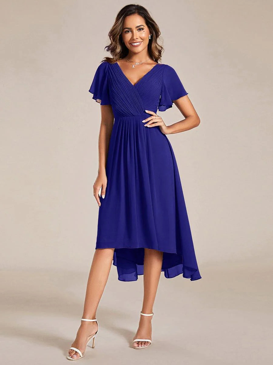 Chic V Neck High-Low Short Sleeve Wedding Guest Dress