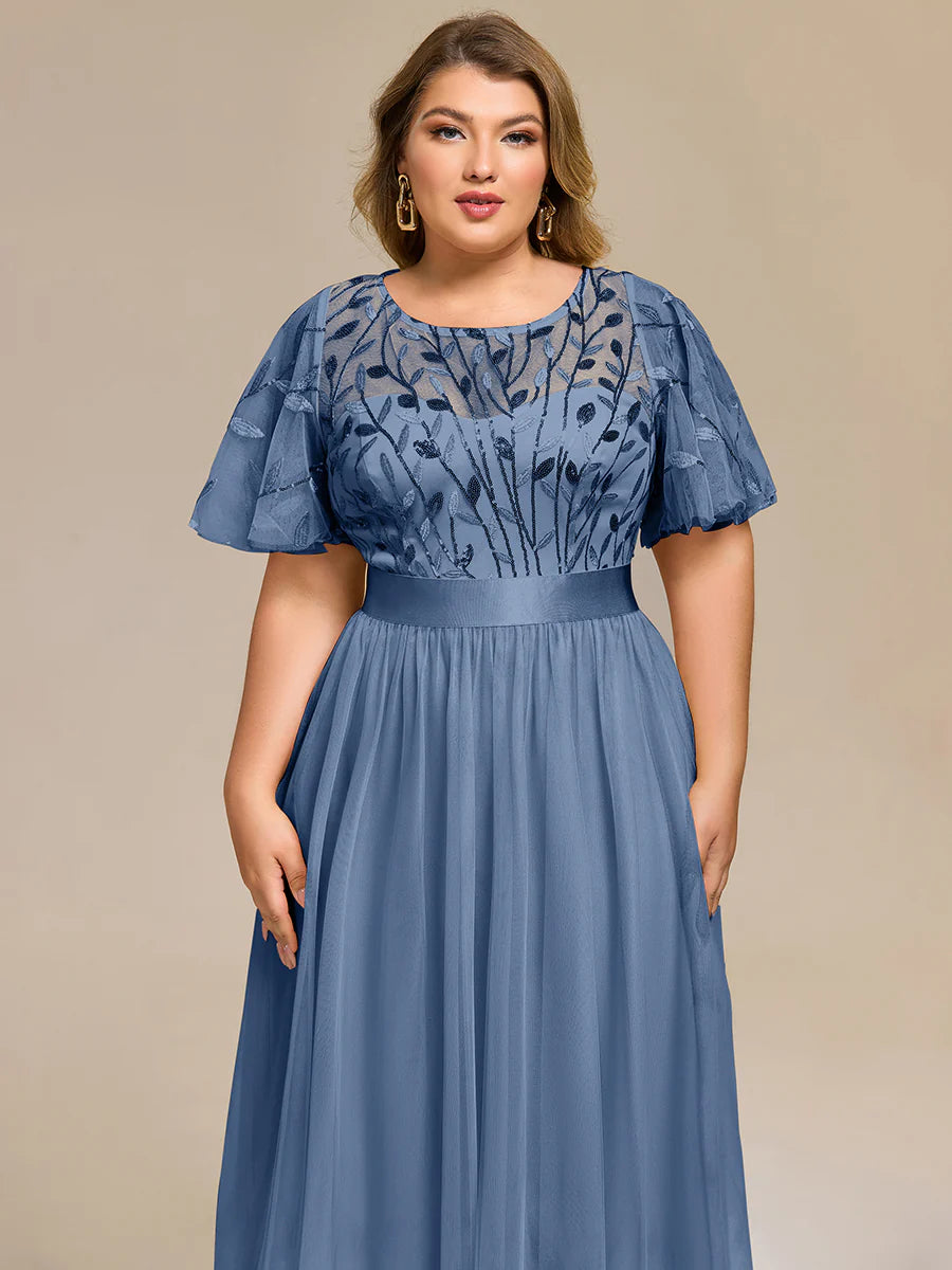 Bulk Order | Plus Size Fit A-Line Deep V-Neck Evening Gown | Ruffled Short Sleeve Midi Dress