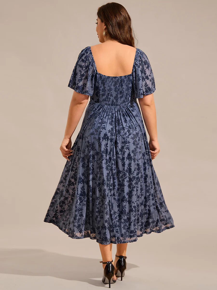 Plus Size Exquisite Square Neckline Tea length Wedding Guest Dresses with Jacquard Decoration