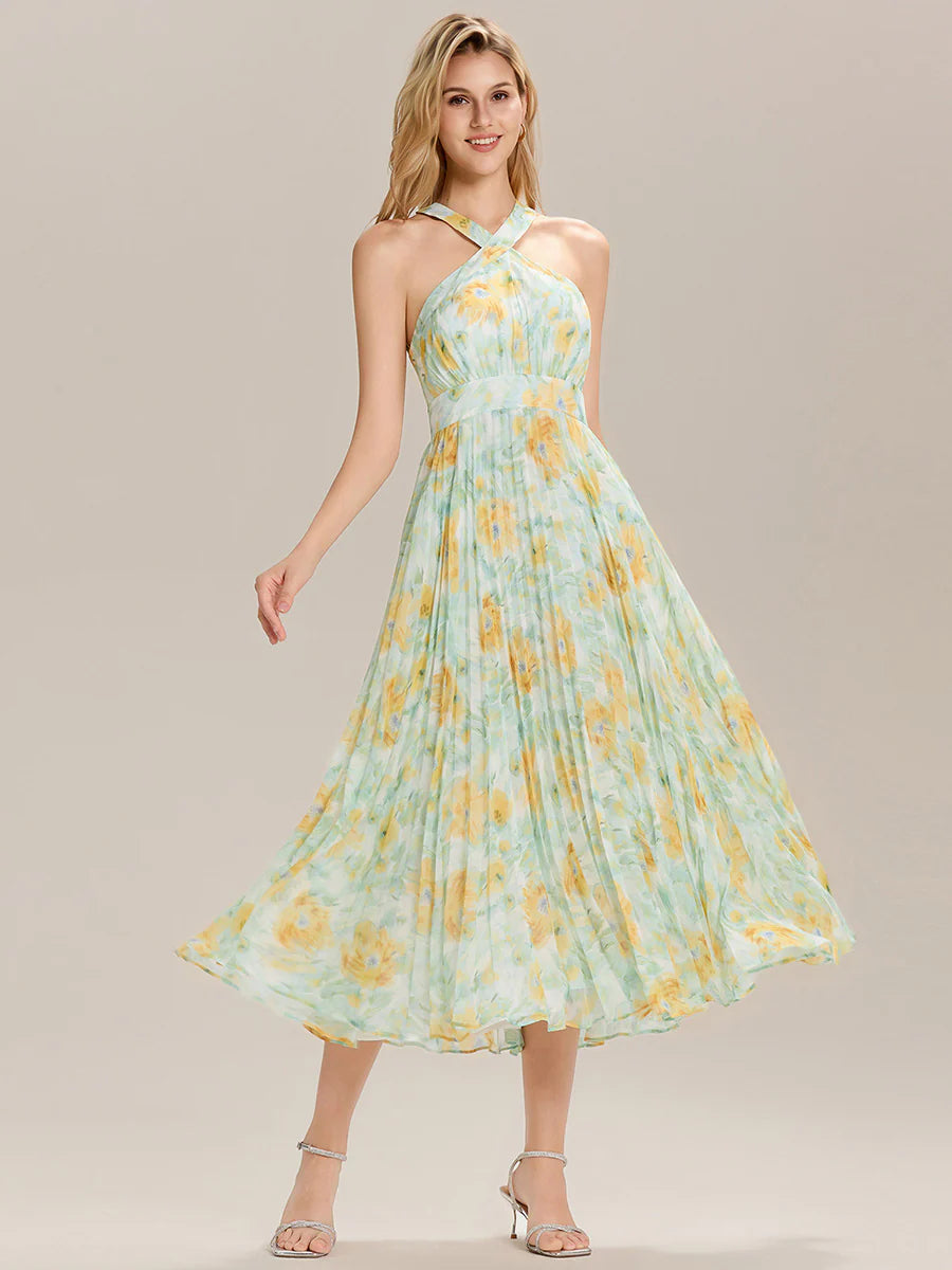 Sleeveless Halter Neck Pleated Floral A-Line Midi Wedding Guest Dress