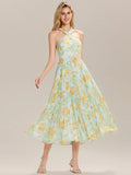 Sleeveless Halter Neck Pleated Floral A-Line Midi Wedding Guest Dress