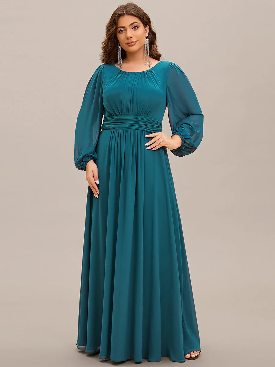 Plus Size Round Neck Wholesale Bridesmaid Dresses with Long Lantern Sleeves