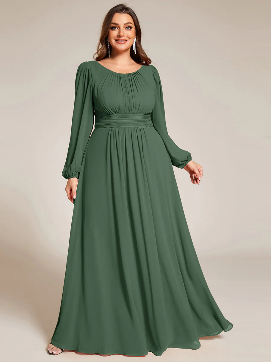 Plus Size Round Neck Wholesale Bridesmaid Dresses with Long Lantern Sleeves