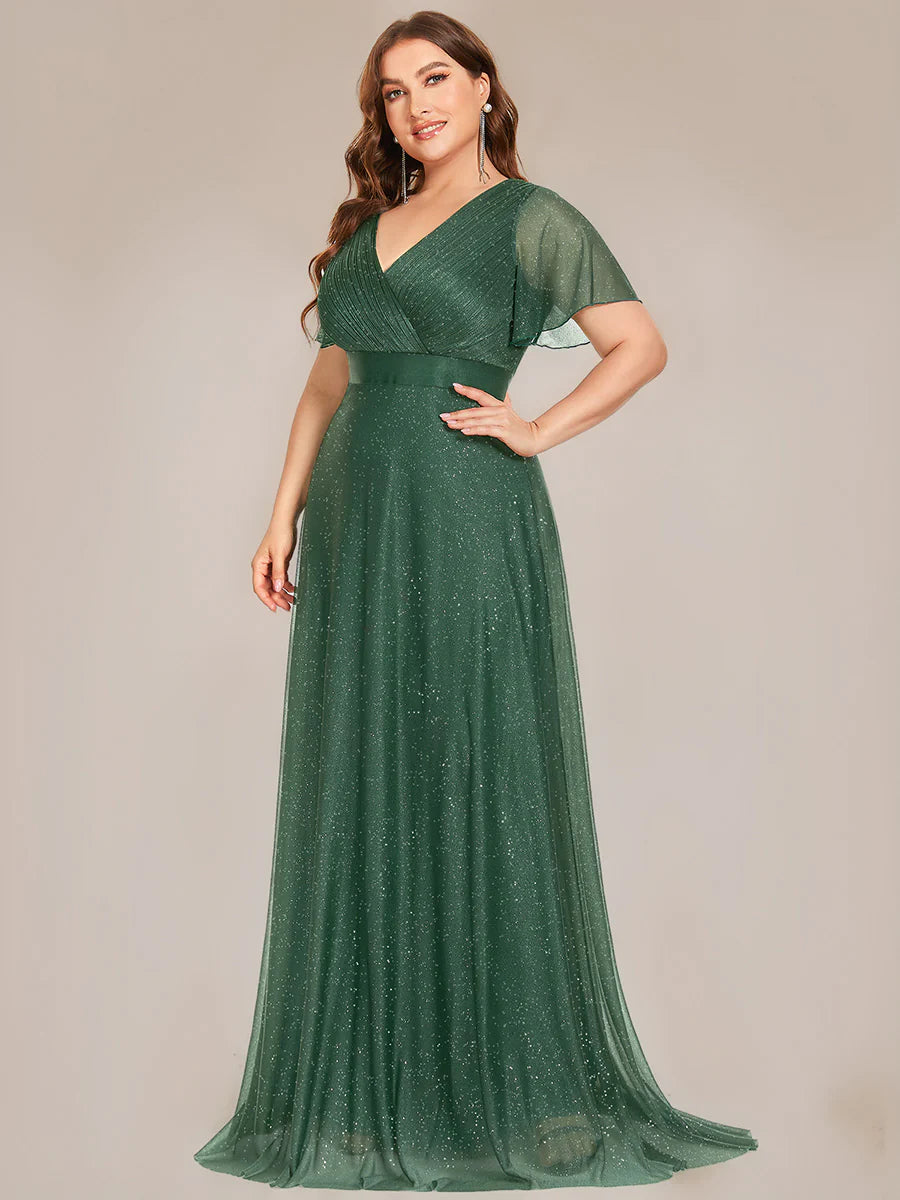 Plus Size Deep V Neck Ruffles Sleeve A Line Wholesale Evening Dresses