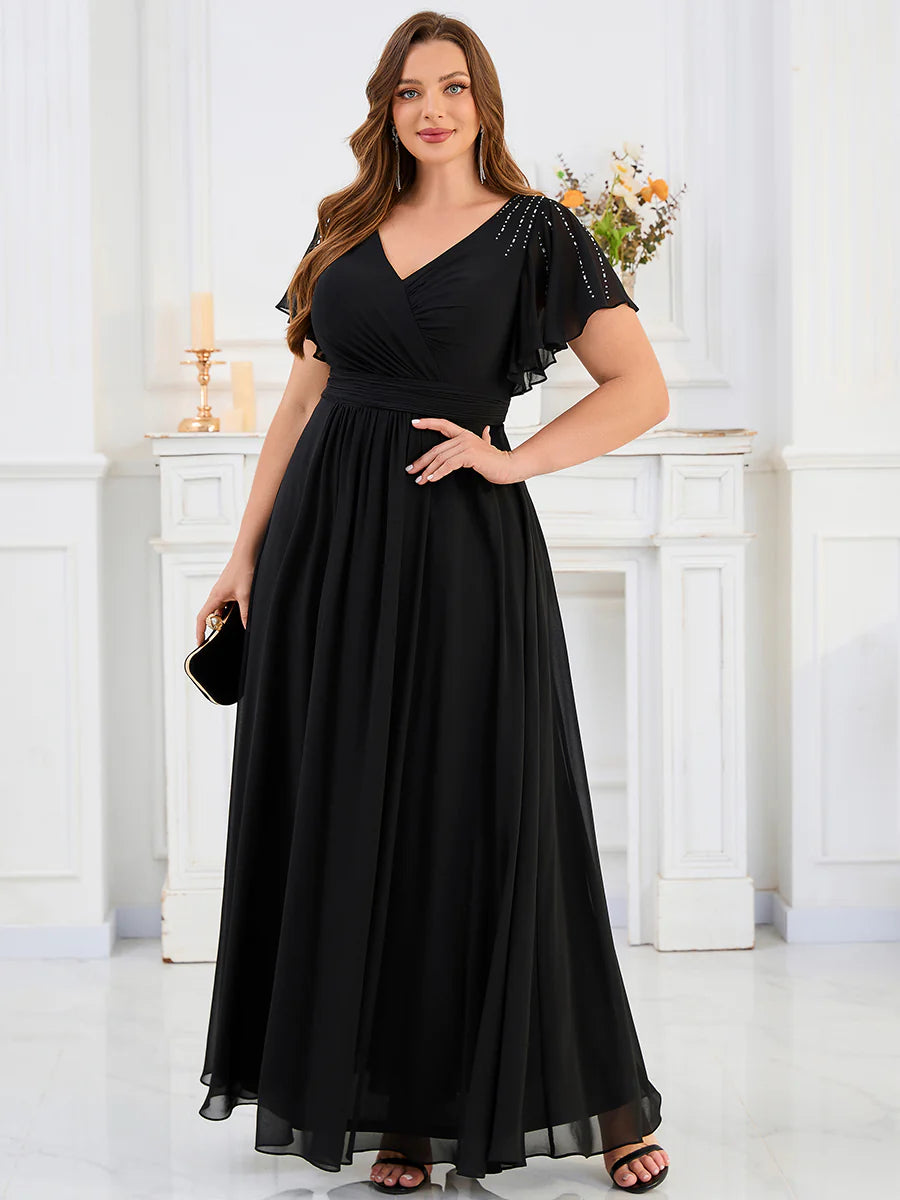 Plus Size Short Sleeve Ruffle V-Neck Pleated A-Line Floor Length Evening Dresses
