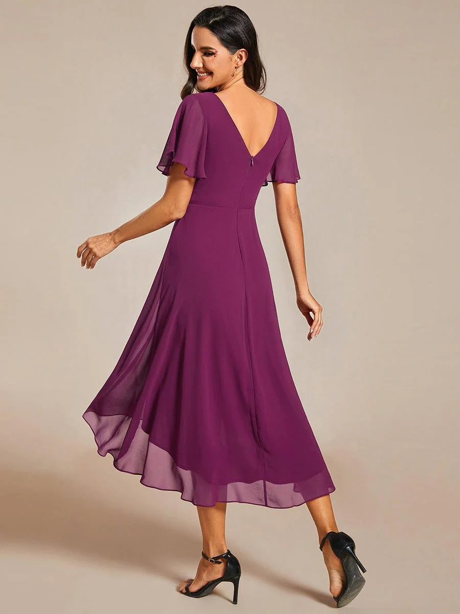 Chic V Neck High-Low Short Sleeve Wedding Guest Dress