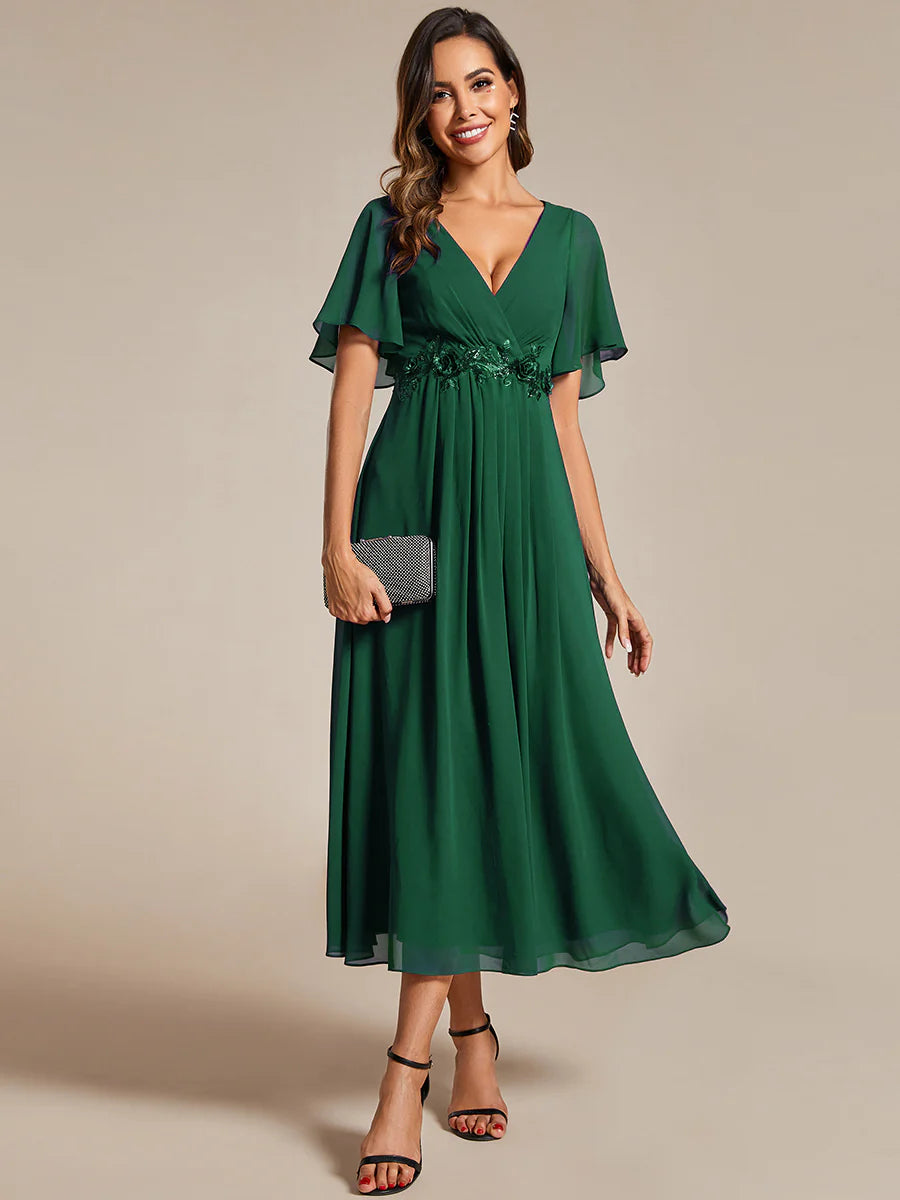 Applique V Neck Tea Length Wedding Guest Dress With Short Sleeves