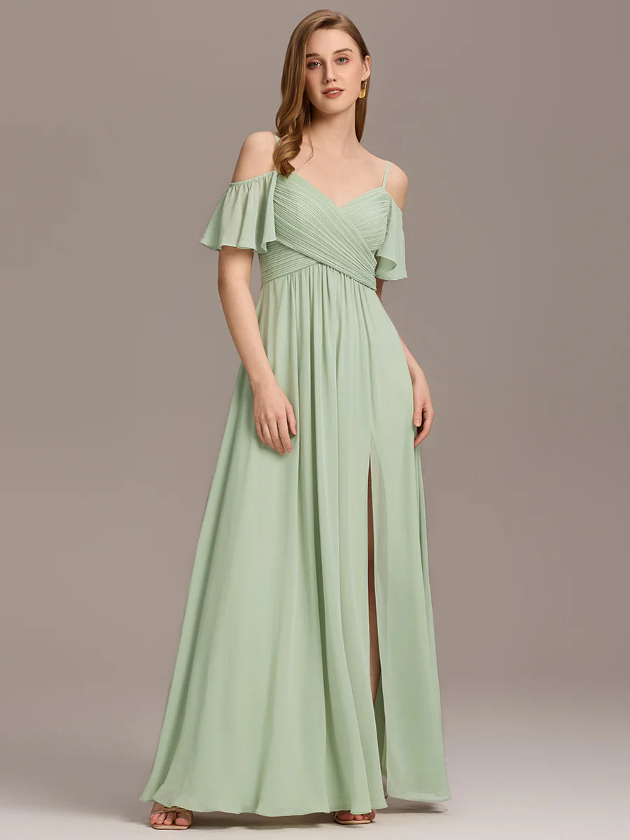 Short Sleeve Off Shoulder Pleated A-Line Split Floor-Length Bridesmaid Dresses