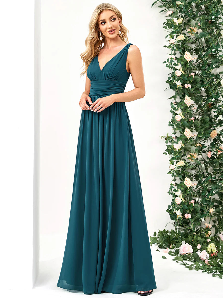 Elegant Double V-Neck Maxi Long Wholesale Bridesmaid Dresses