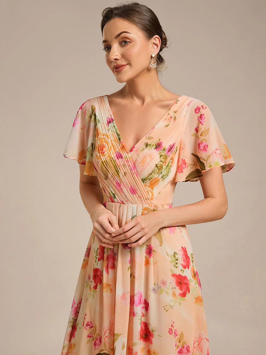 Chic V Neck High-Low Short Sleeve Wedding Guest Dress