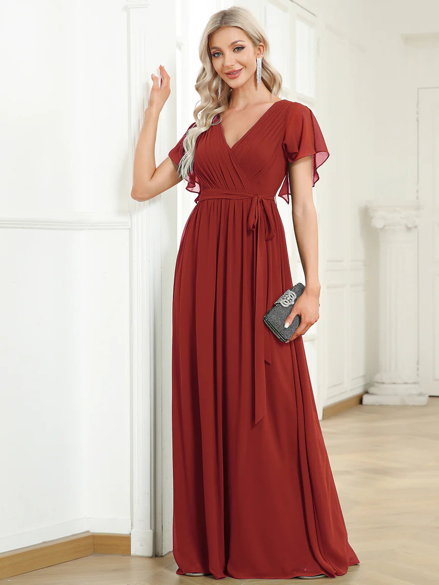 Short Sleeve Ruffle Deep V-Neck A-Line Floor Length Evening Dresses