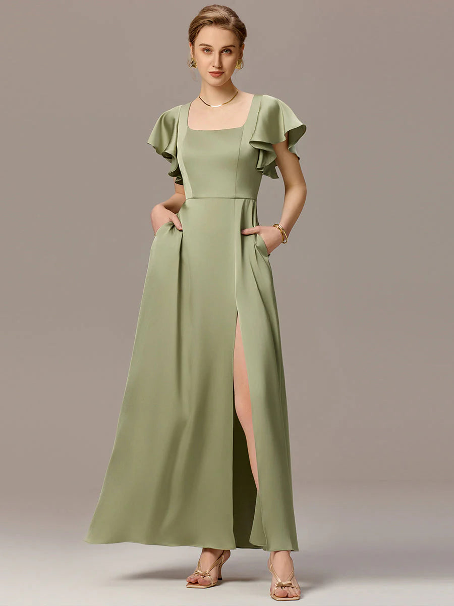 Customized Satin Square Neck Short Sleeve Ruffled Maxi Bridesmaid Dress with Pockets