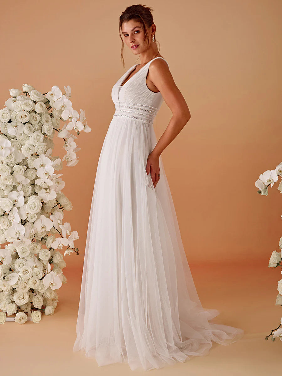 Backless A Line Sleeveless Wholesale Wedding Dresses with Deep V Neck