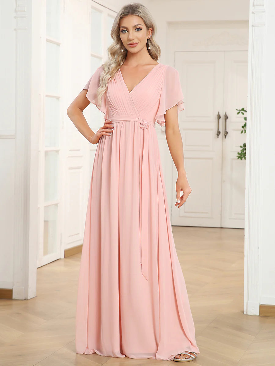 A Line Wholesale Evening Dresses with Deep V Neck Ruffles Sleeves