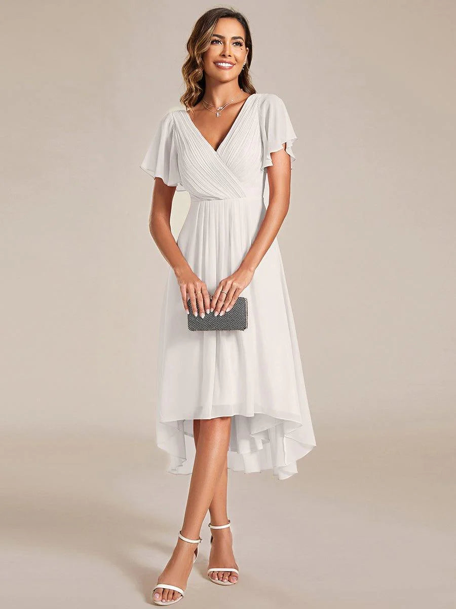 Chic V Neck High-Low Short Sleeve Wedding Guest Dress