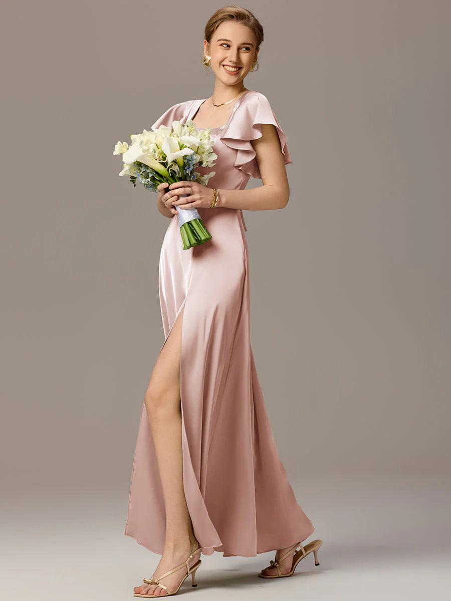 Customized Satin Square Neck Short Sleeve Ruffled Maxi Bridesmaid Dress with Pockets