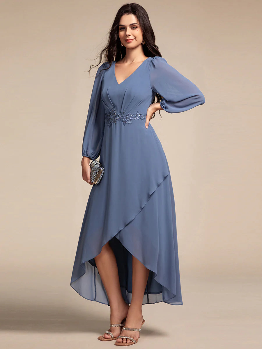 Elegant Applique Empire Waist Nine-Length Chiffon Evening Dresses with Regular fold stream Asymmetrical Hem