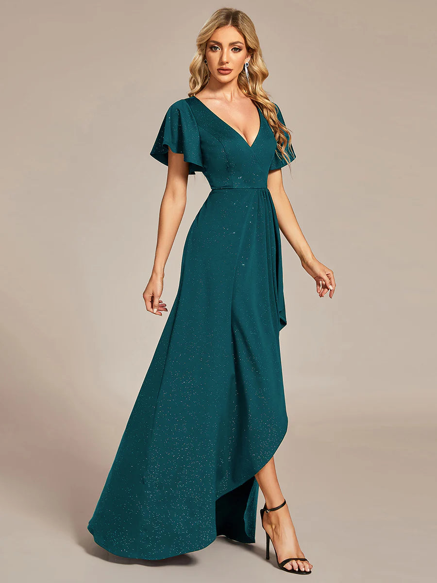 Tea Length Split Shiny Wholesale Evening Dresses With Ruffle Sleeves
