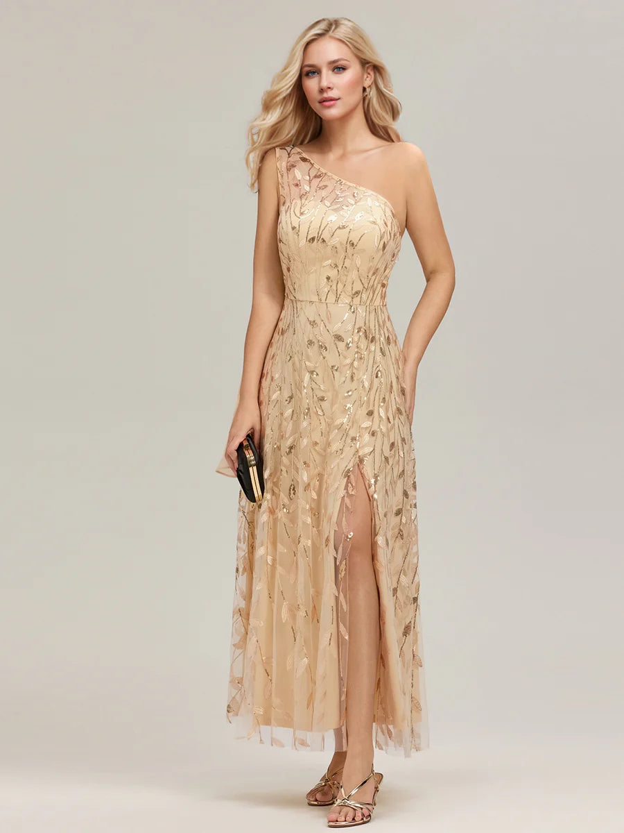One Shoulder Sleeveless Sequin A-Line Maxi Wedding Guest Dress