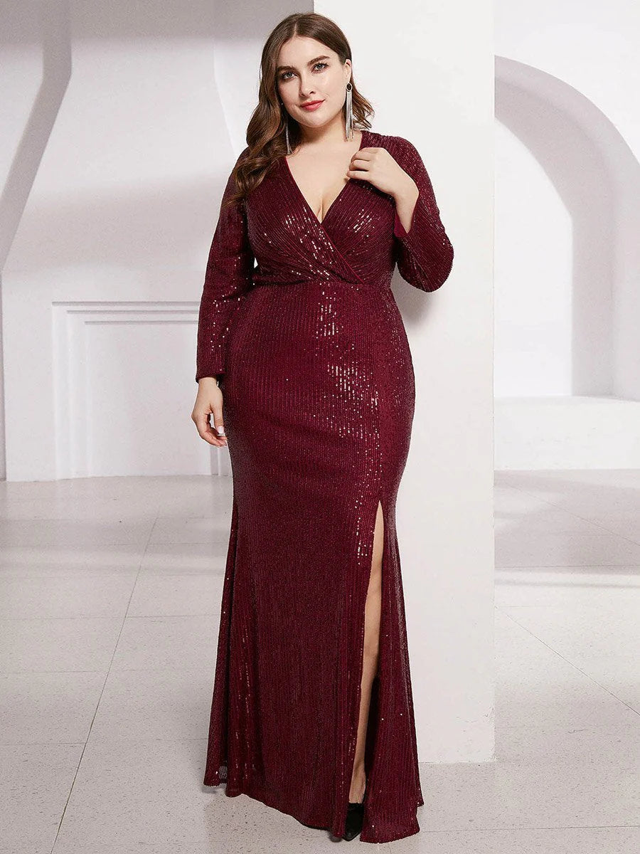 Shiny V Neck Plus Size Sequin Wholesale Evening Party Dress