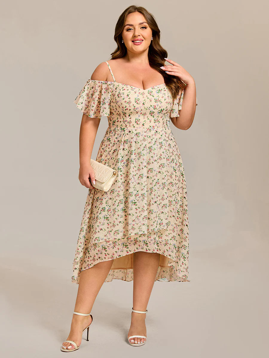 Plus Size Chiffon Spaghetti Strap Cold Shoulder Tea Length Wedding Guest Dress