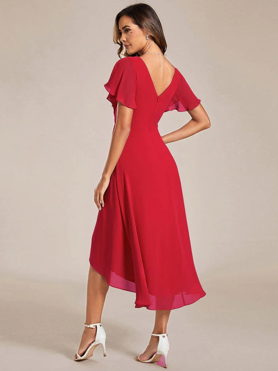 Chic V Neck High-Low Short Sleeve Wedding Guest Dress
