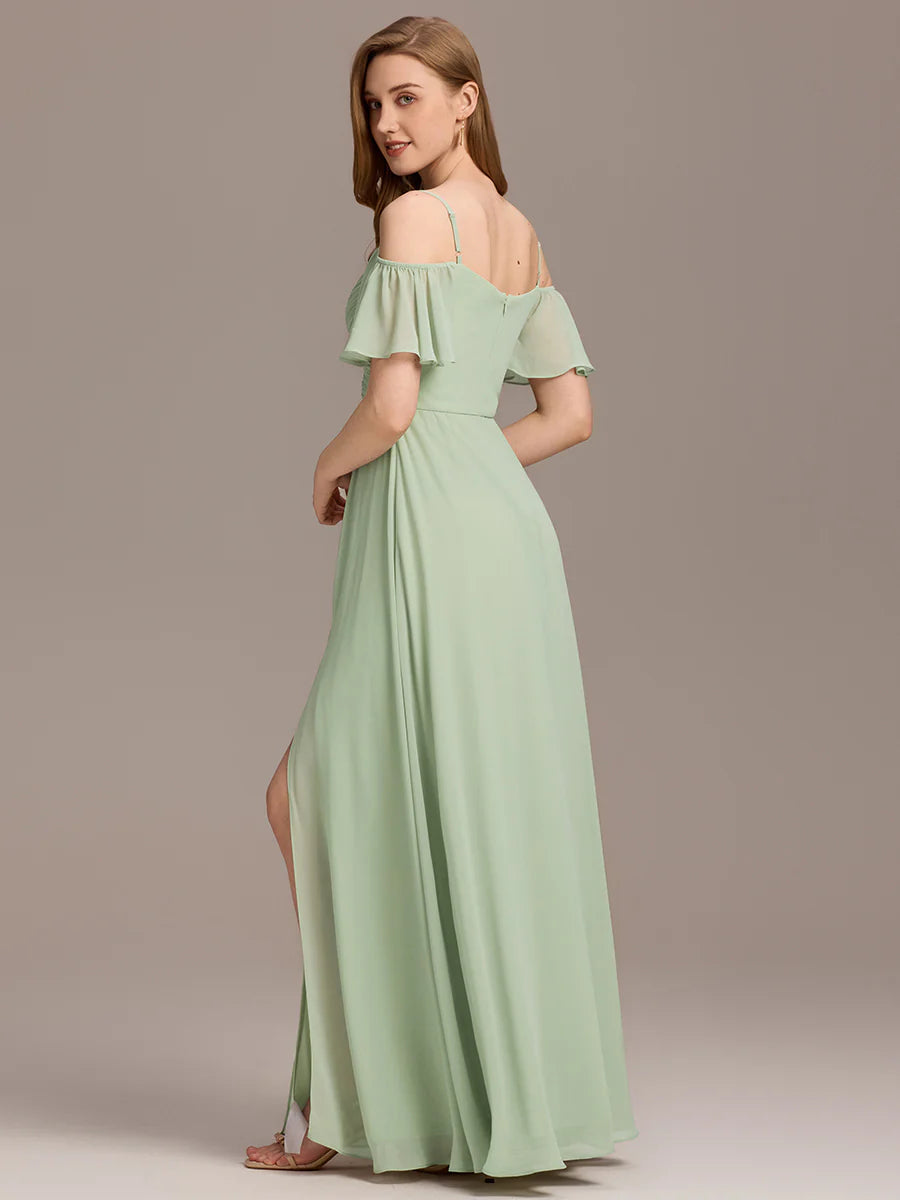 Short Sleeve Off Shoulder Pleated A-Line Split Floor-Length Bridesmaid Dresses