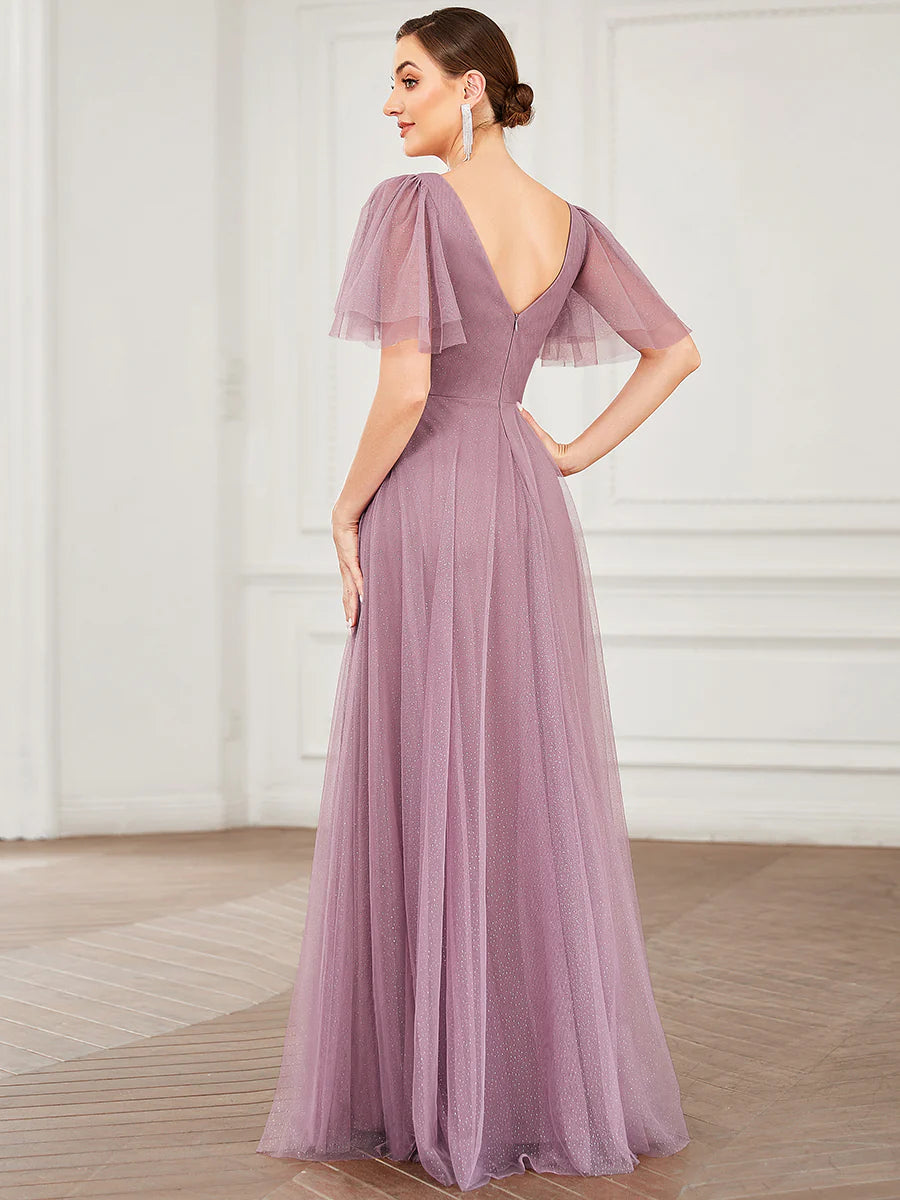 Wholesale Long Deep V Neck Maxi A-Line Tulle Evening Dress