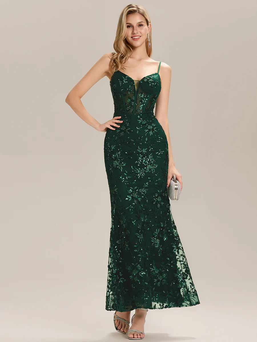 Sleeveless Deep V-Neck Backless Sequin Fishtail Evening Dresses