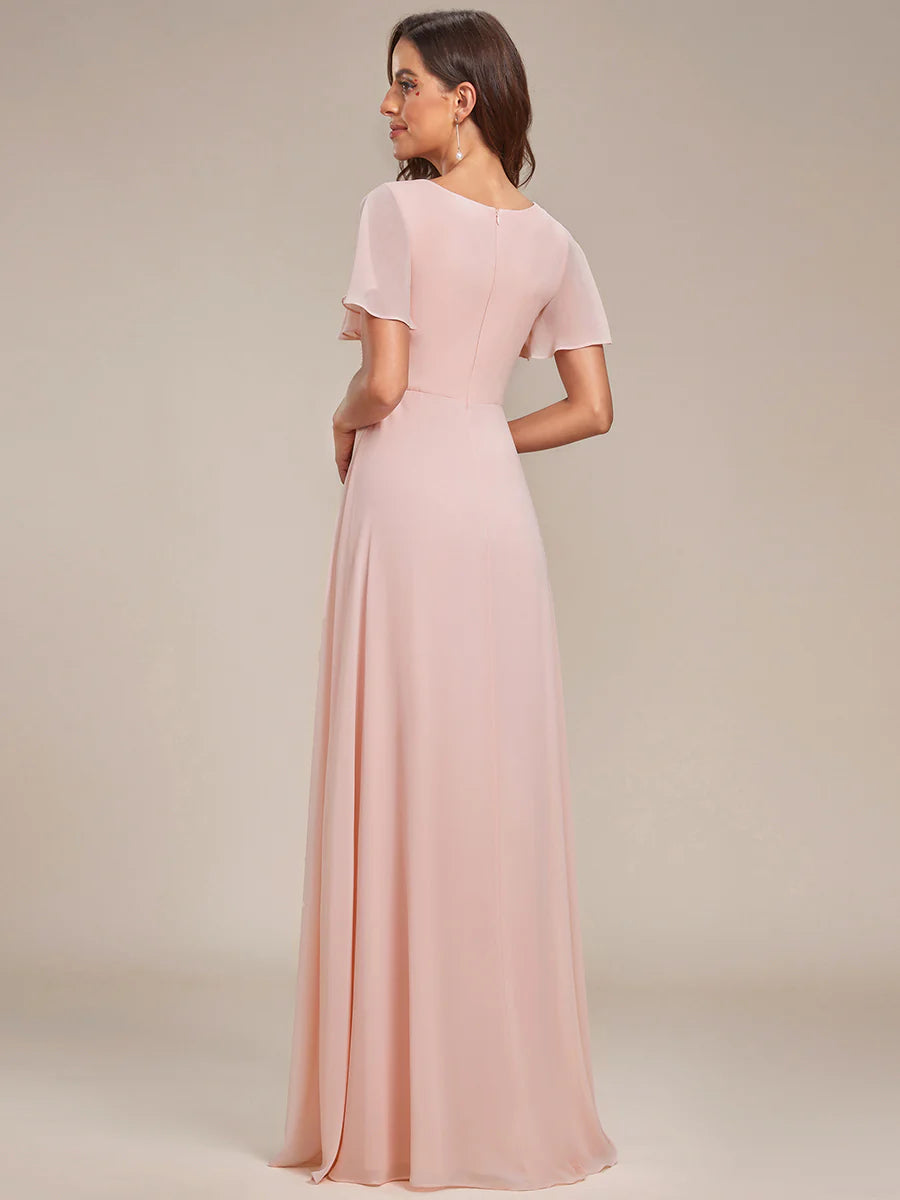 Side Split V Neck Ruched Wholesale Chiffon Bridesmaid Dresses