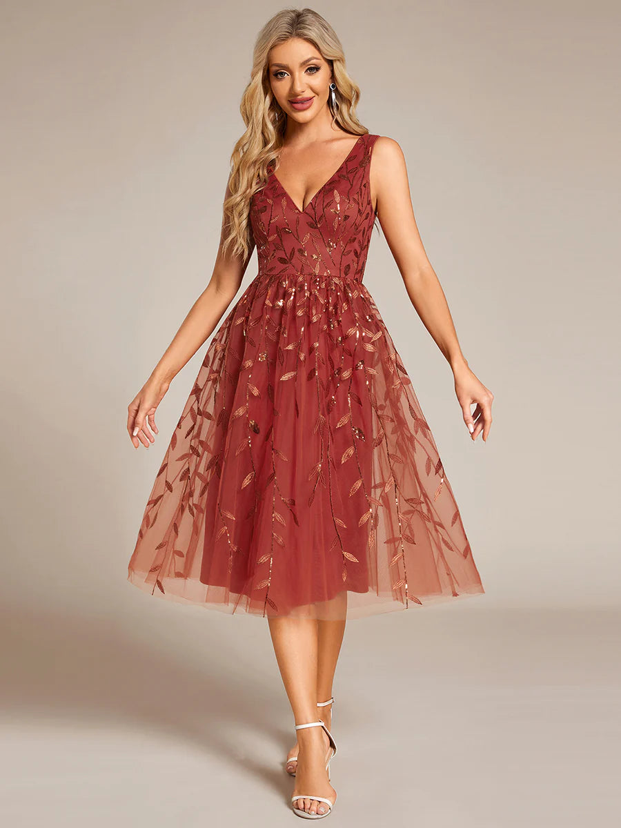 V-Neck Sequin Midi Wedding Guest Dress With Sleeveless