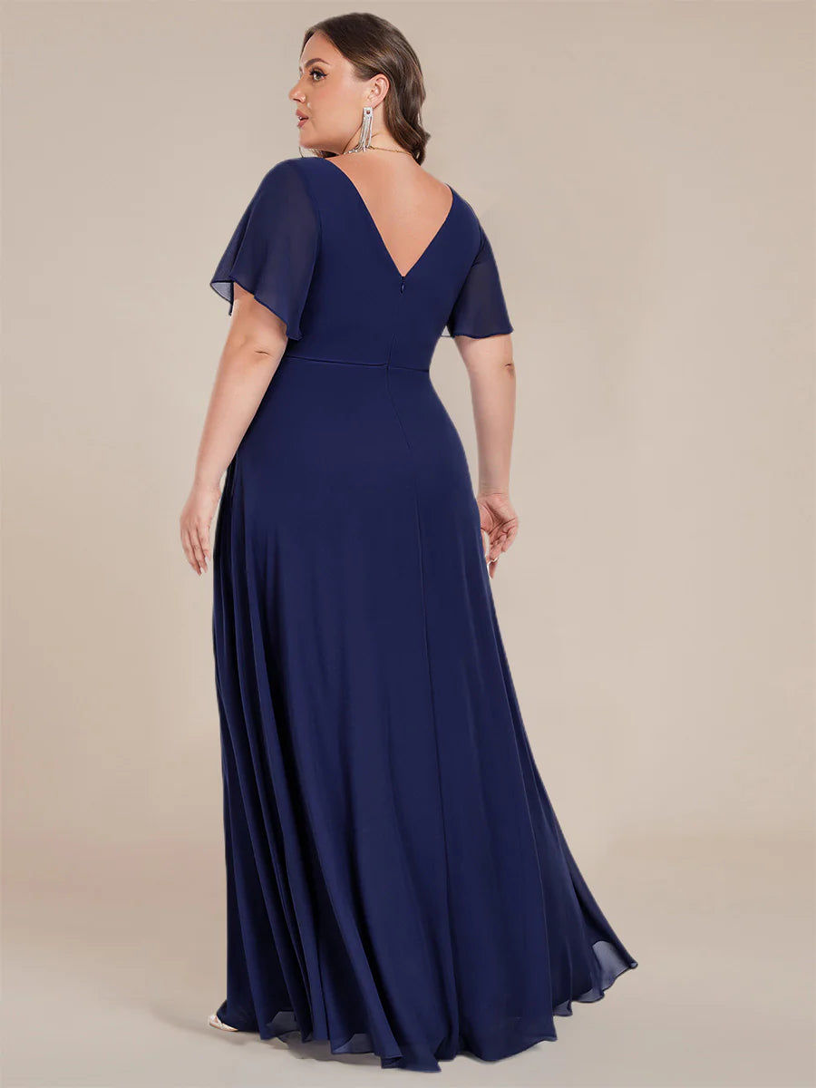 Plus Size Elegant Ruffles Sleeve Chiffon Evening Dresses with Pleated Applique Decoration