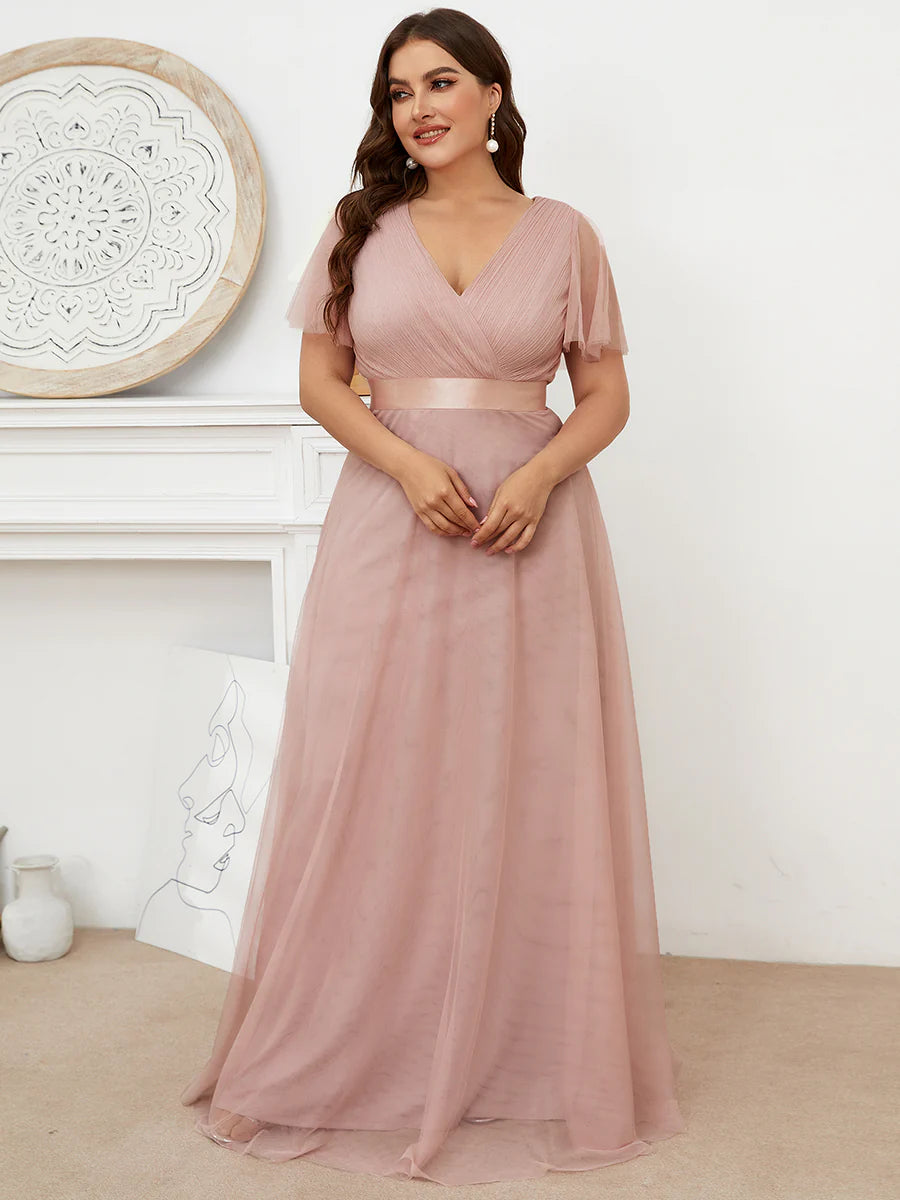 Plus Size Women's V-Neck Floor-Length Wholesale Bridesmaid Dresses