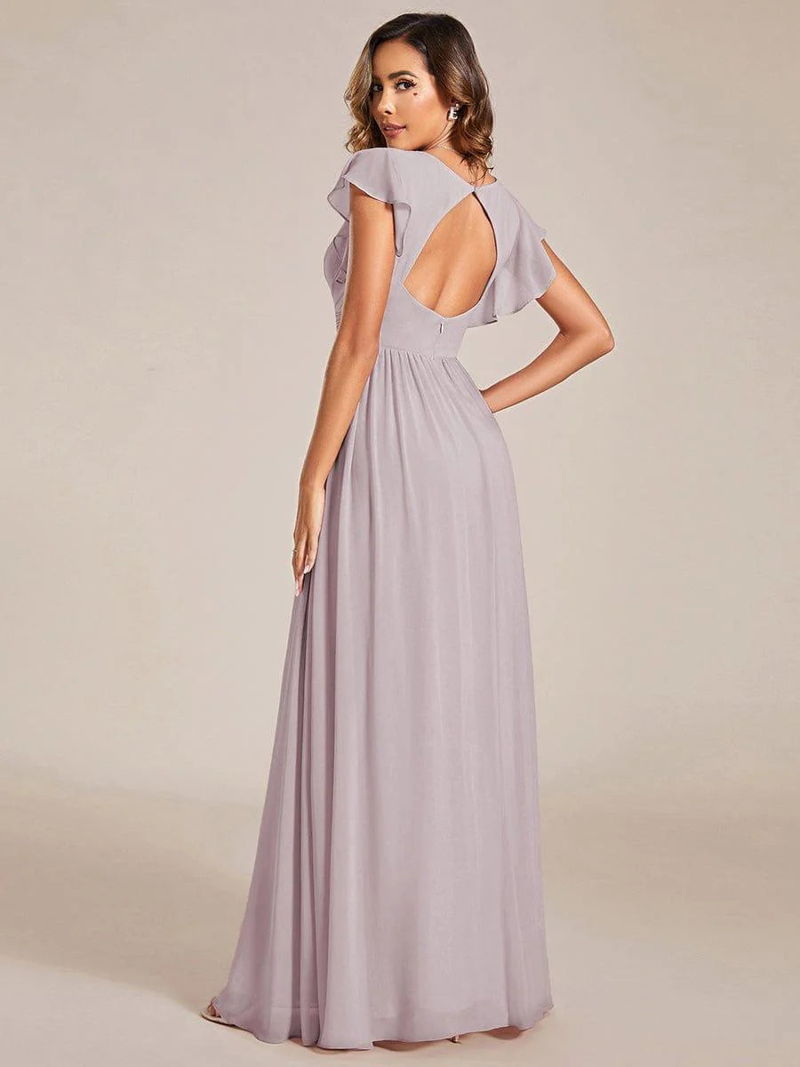 Ever LILYANA|Elegant V-Neck Open Back Ruffled Sleeves Chiffon Bridesmaid Dress