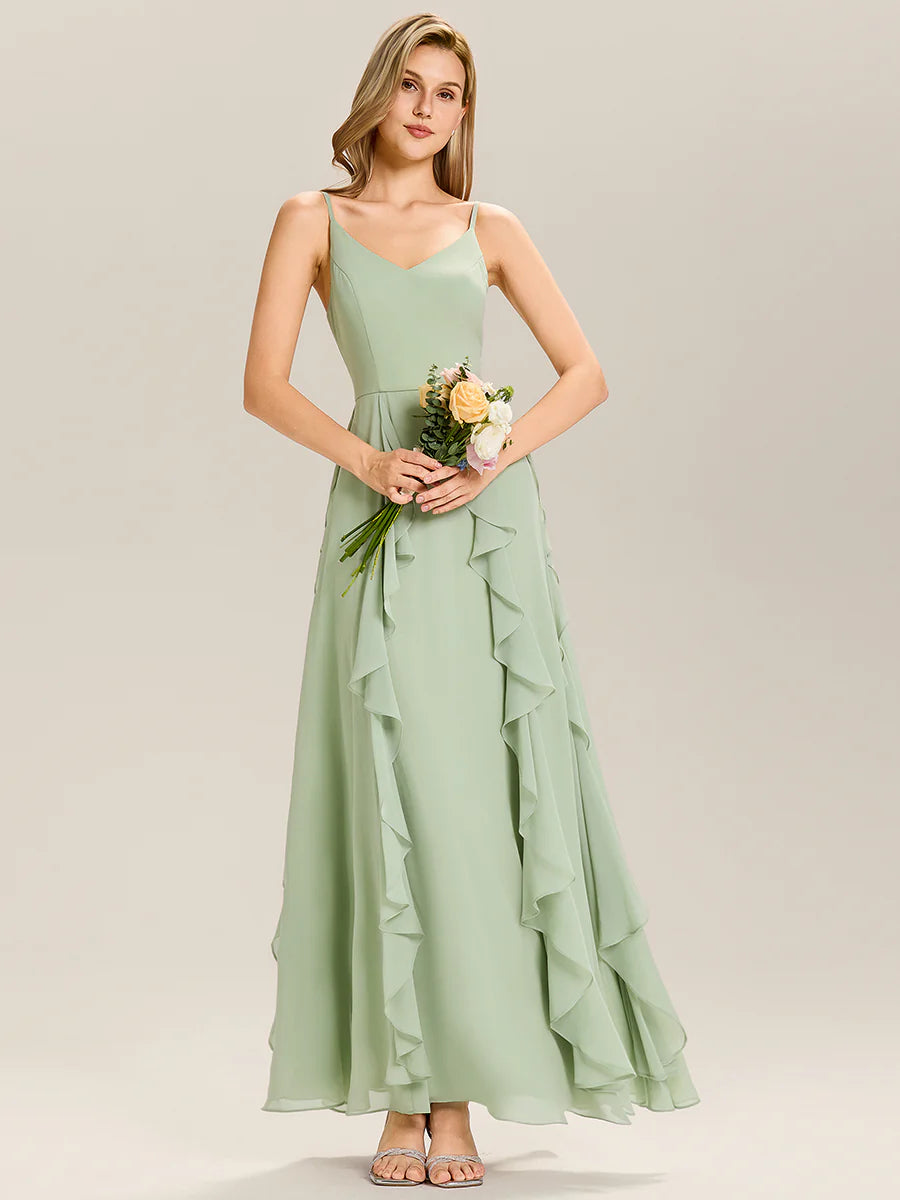 Sleeveless Deep V-Neck Non-Stretch A-Line Floor Length Bridesmaid Dresses