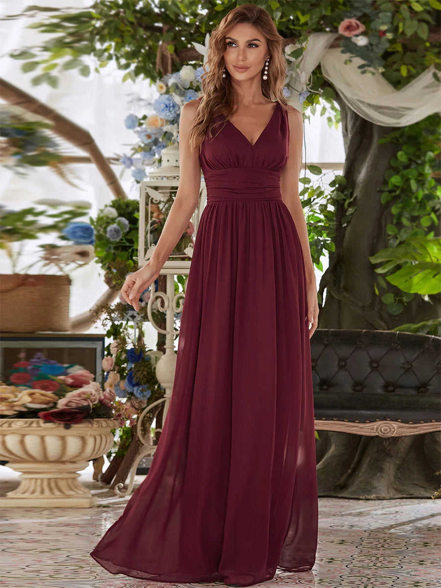 Elegant Double V-Neck Maxi Long Wholesale Bridesmaid Dresses