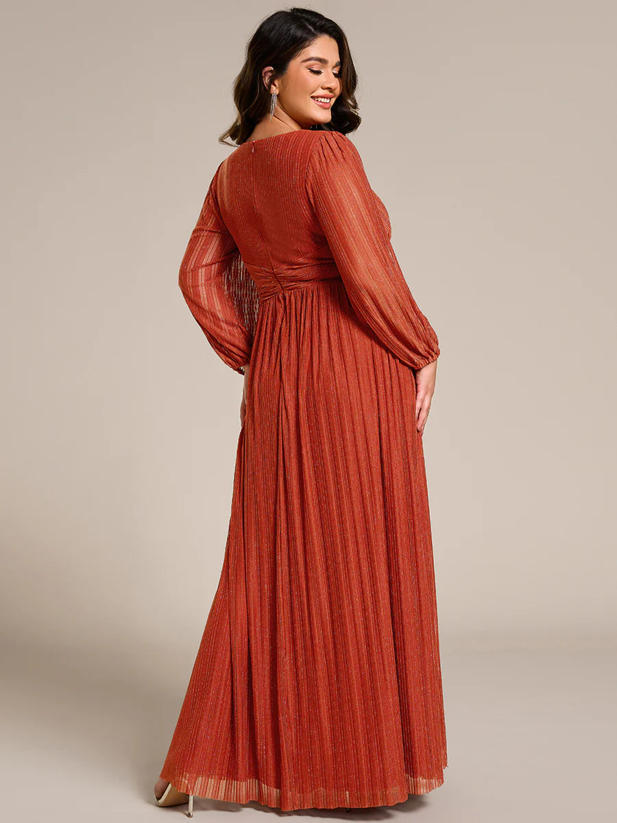 Plus Size Maxi Long Chiffon Waist  V Neck Wholesale Evening Dress with Long Sleeves