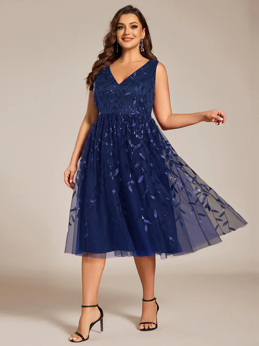 Plus Size V-Neck Sequin Midi Wedding Guest Dress With Sleeveless
