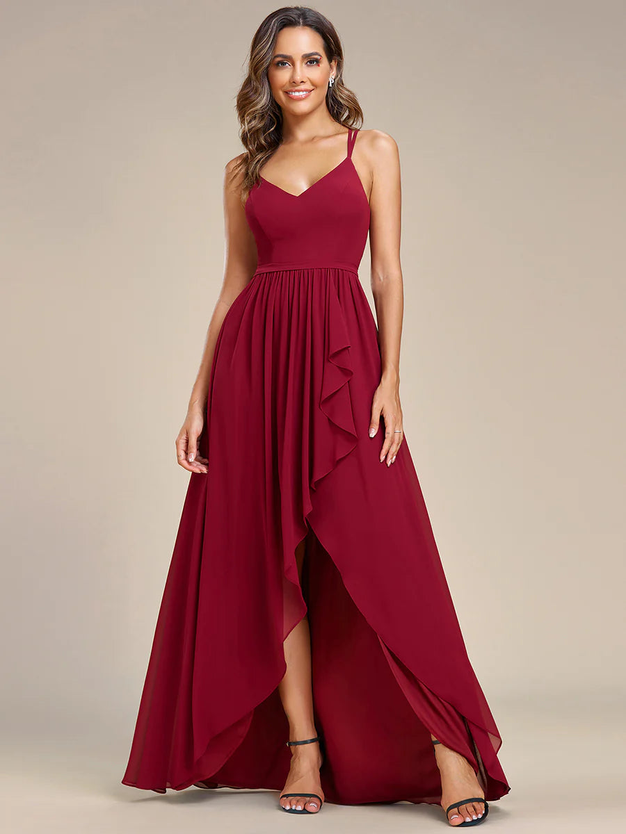 Spaghetti Straps Slit A-Line Wholesale Chiffon Bridesmaid Dress With Ruffle Detail