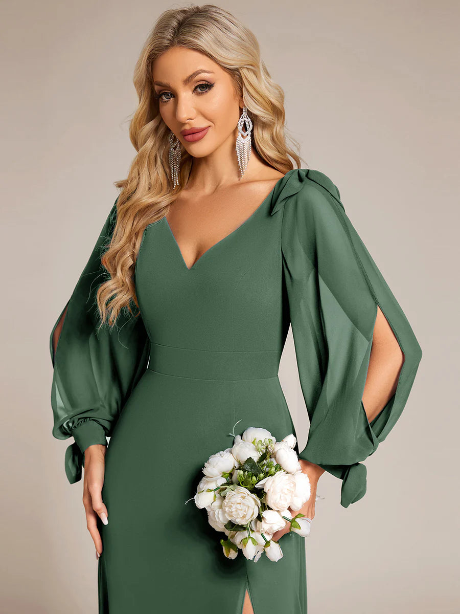 A Line V Neck Wholesale Bridesmaid Dresses With High Split