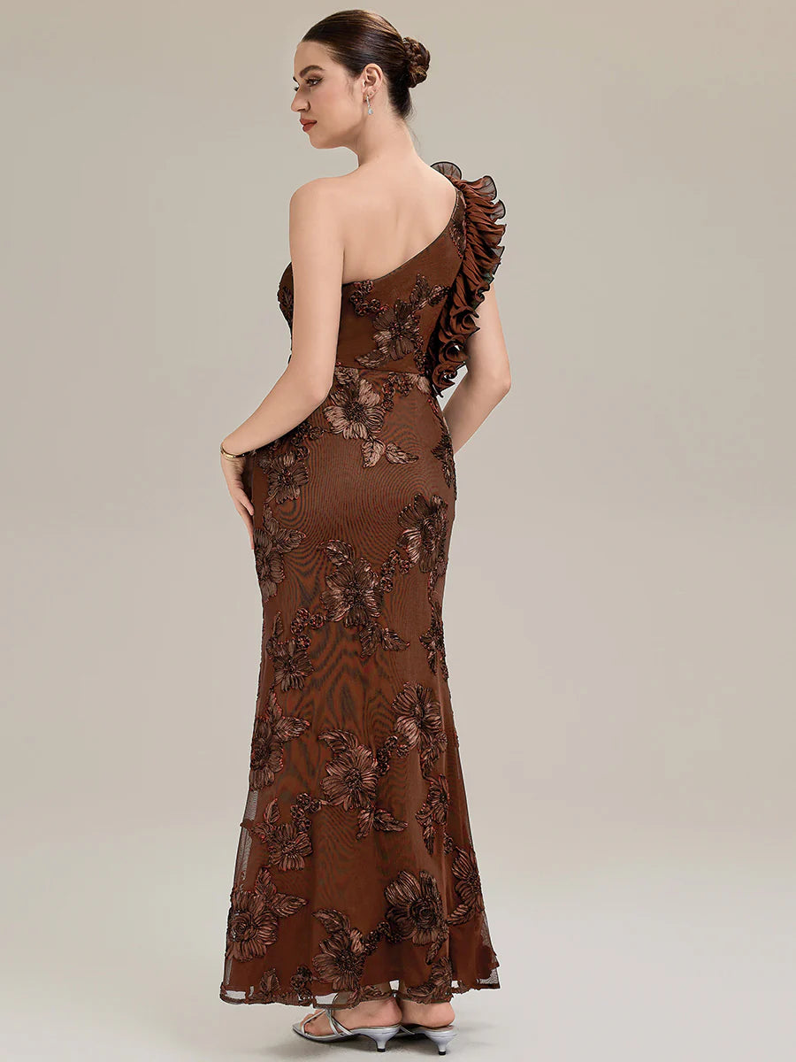 Custom Made One Shoulder Sleeveless Floral Jacquard Fishtail Evening Dresses