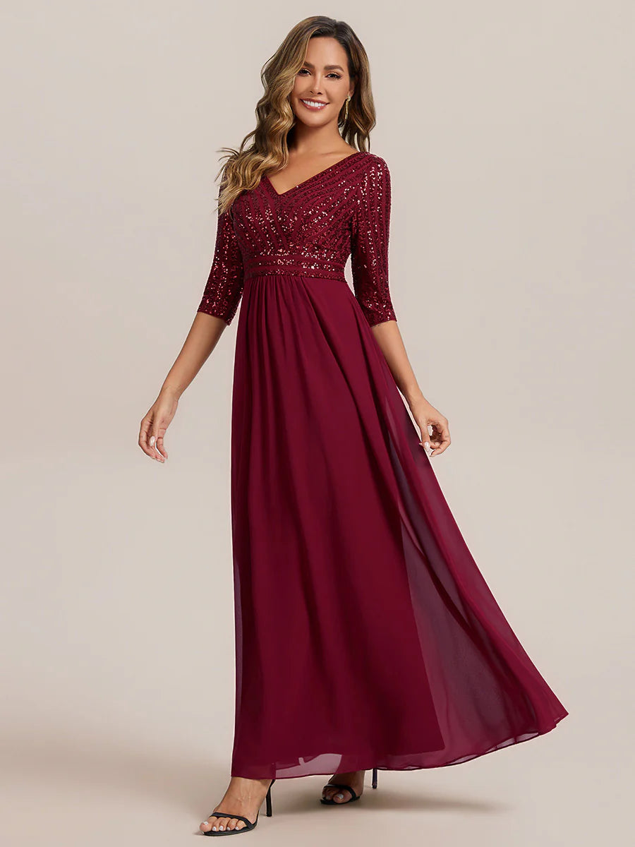 B2B-Exclusive Half Sleeve V-Neck Sequin A-Line Floor Length Evening Dresses