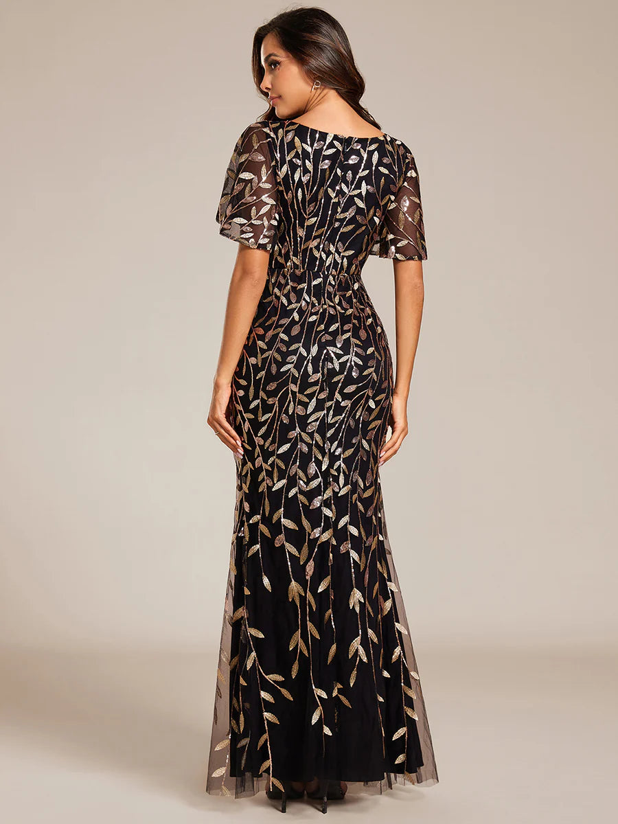 Gorgeous V Neck Leaf-Sequined Fishtail Wholesale Evening Dress