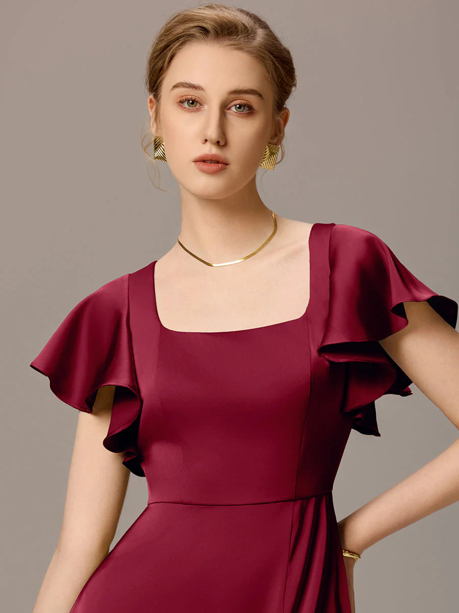 Customized Satin Square Neck Short Sleeve Ruffled Maxi Bridesmaid Dress with Pockets