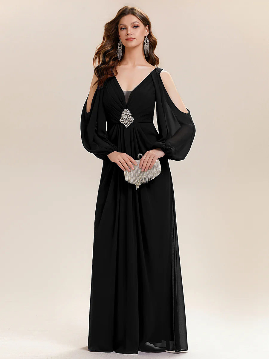 Volume Discounts Long Sleeve Lantern Sleeve A-Line Floor Length V-Neck Wedding Guest Dresses