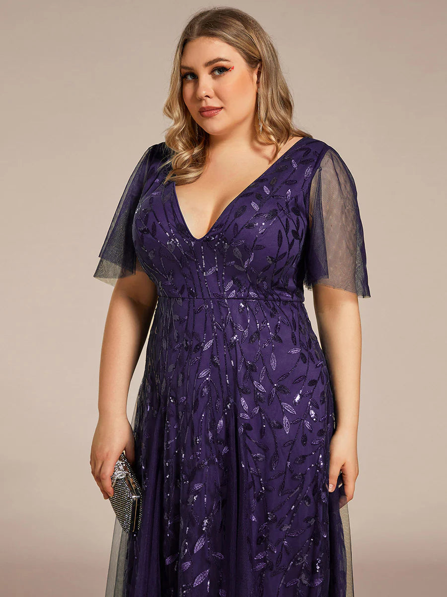 Plus Size Deep V Neck Wholesale Sequin Evening Gown With Short Sleeves