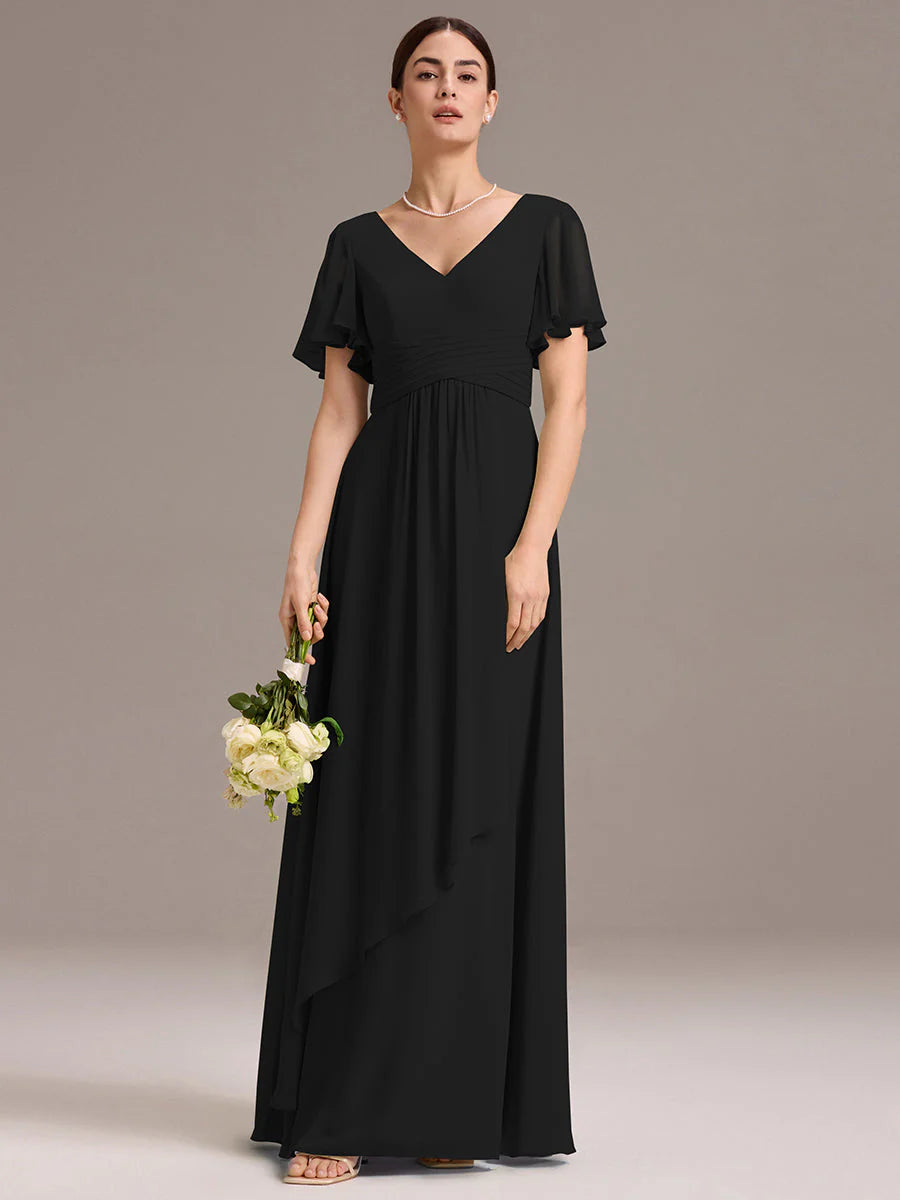 Wholesale | Customizable Double V-Neck Ruffled-Sleeve A-Line Chiffon Dress