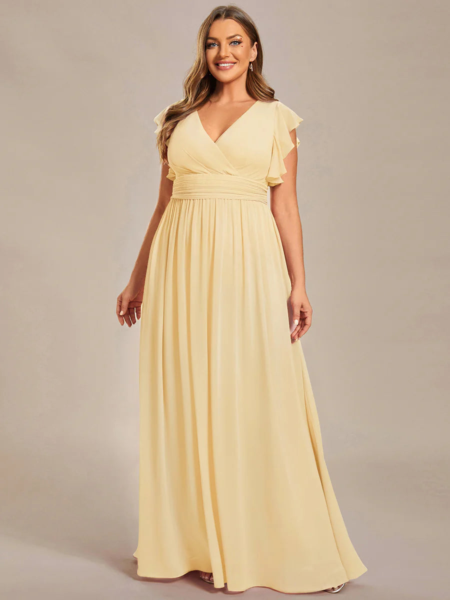 Plus V Neck Pleated Belted Ruffles Wholesale Bridesmaid Dresses