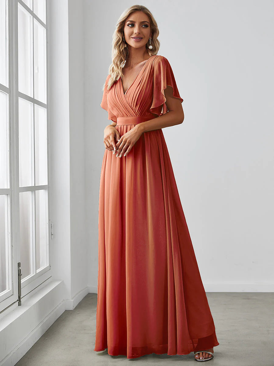 A Line Wholesale Evening Dresses with Deep V Neck Ruffles Sleeves